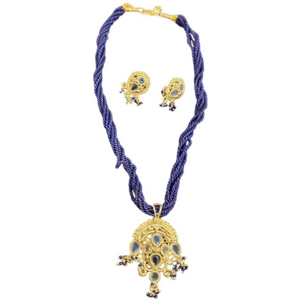 Indian Gold Navy Blue Polki Necklace Set